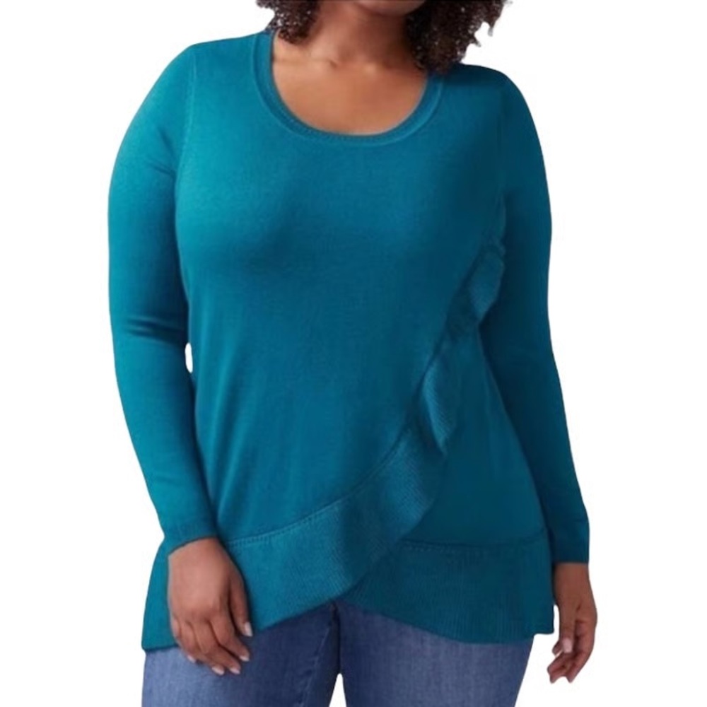 Lane Bryant Teal Long Sleeve Ruffle Asymmetrical Hem Sweater Plus Size 14 16
